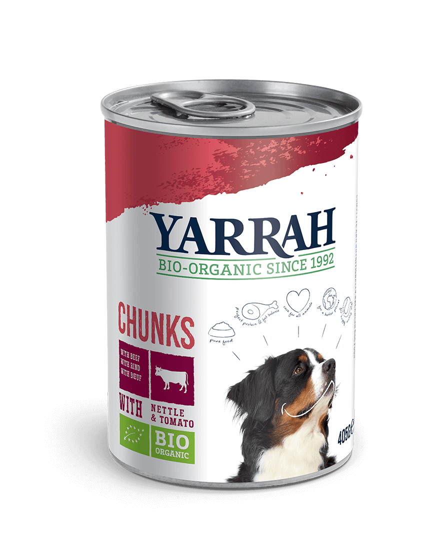 Yarrah Bio Hunde Nassfutter mit Bröckchen Rind Brennnessel und Tomate – 405g