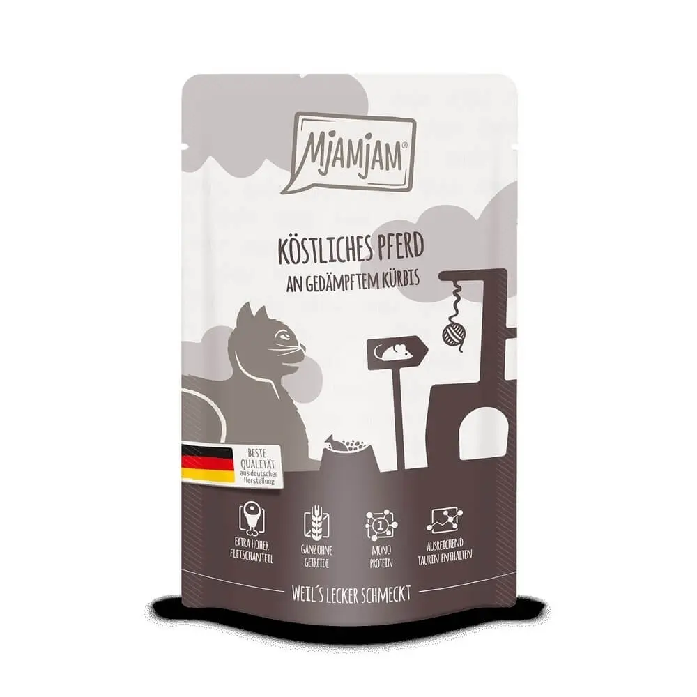 MjAMjAM Katzen Nassfutter köstliches Pferd an gedämpftem Kürbis