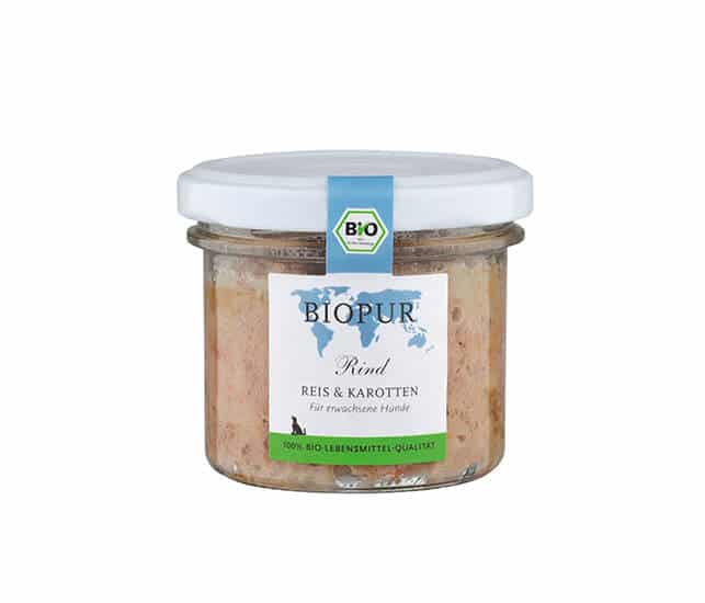 Biopur Hundefutter Rind, Reis, Karotten Bio- im GLAS – Sparpaket: 12 x 100g