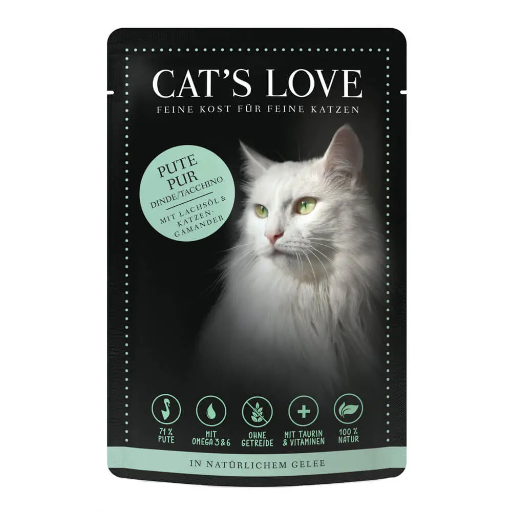 Cat’s Love – Nassfutter – Classic Pute Pur mit Lachsöl und Katzengamander (getreidefrei) – 200g