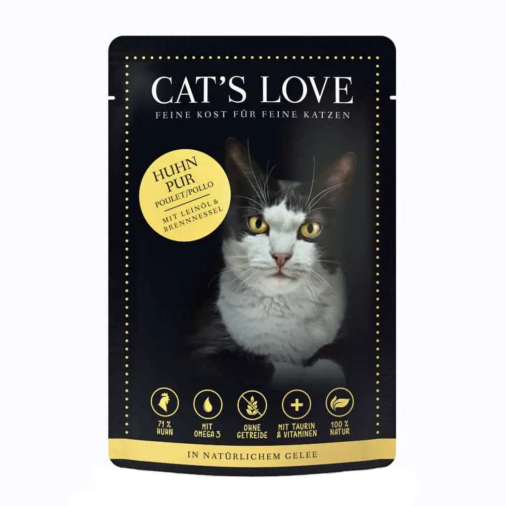 Cat’s Love – Nassfutter – Classic Huhn Pur mit Leinöl und Brennnessel (getreidefrei) – Sparpaket: 12 x 85g