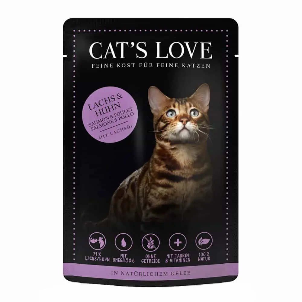 Cat’s Love – Katzen Nassfutter – Mix Lachs und Huhn mit Petersilie und Lachsöl (getreidefrei) – Sparpaket: 12 x 200g