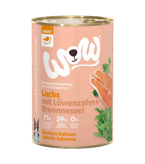 WOW Nassfutter für Hunde ADULT LACHS MIT LÖWENZAHN - 400g