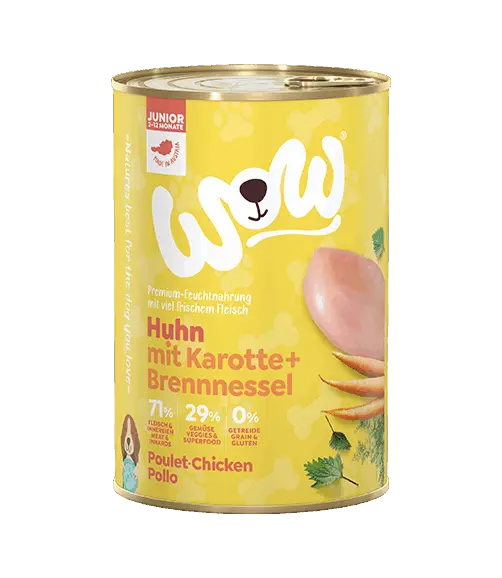 WOW Nassfutter für Hunde JUNIOR HUHN MIT KAROTTEN – 400g