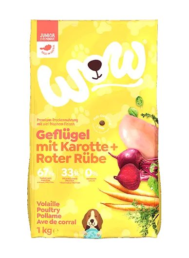 WOW HUNDE TROCKENFUTTER JUNIOR GEFLÜGEL MIT KAROTTEN – Sparpaket: 3 x 1kg